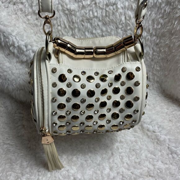 Off white small barrel Satchel/crossbody bag rose gold studs & jewels accents - Picture 2 of 16